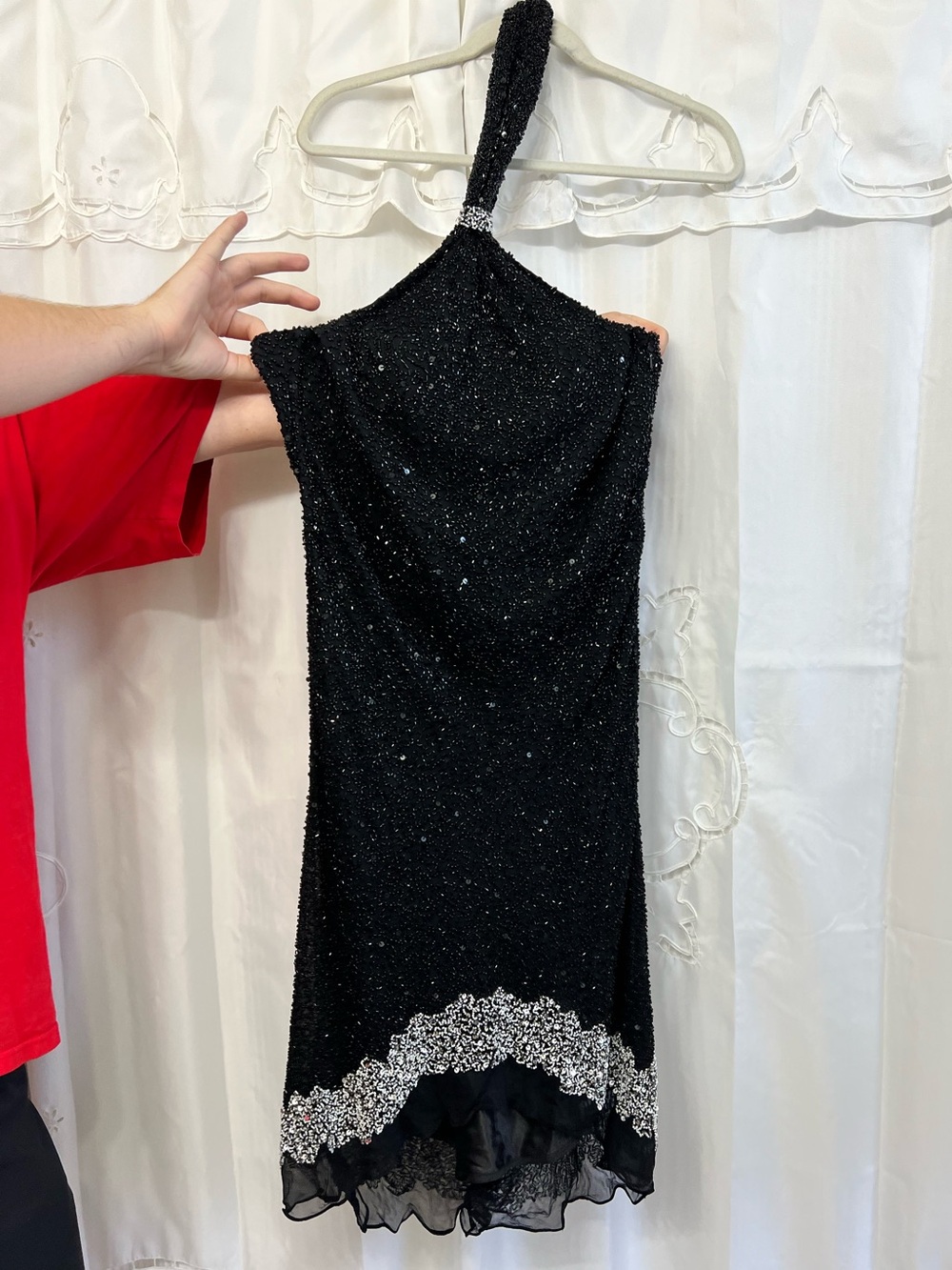Scala Black Silk Beaded Halter Cocktail Dress XL Sequin Formal Evening Y2K